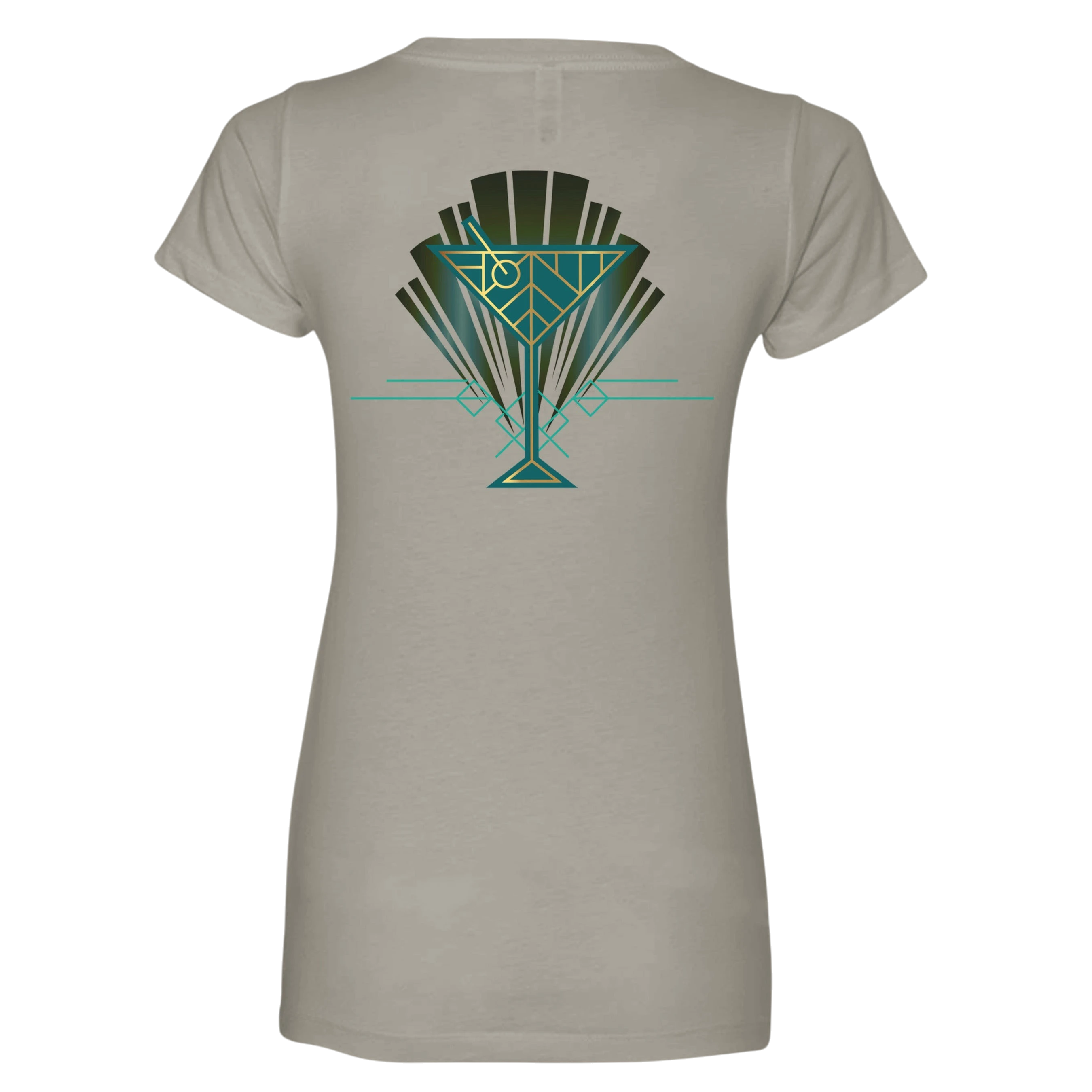 Sonoma Rebel women's light grey V-neck t-shirt with a green and gold Art Deco cocktail glass graphic on the back.