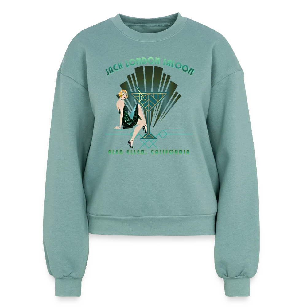 Sonoma Rebel Jack London Saloon Art Deco women's crewneck sweatshirt in light teal, featuring a graphic of a flapper girl and martini glass. Main image