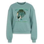Sonoma Rebel Jack London Saloon Art Deco women's crewneck sweatshirt in light teal, featuring a graphic of a flapper girl and martini glass.