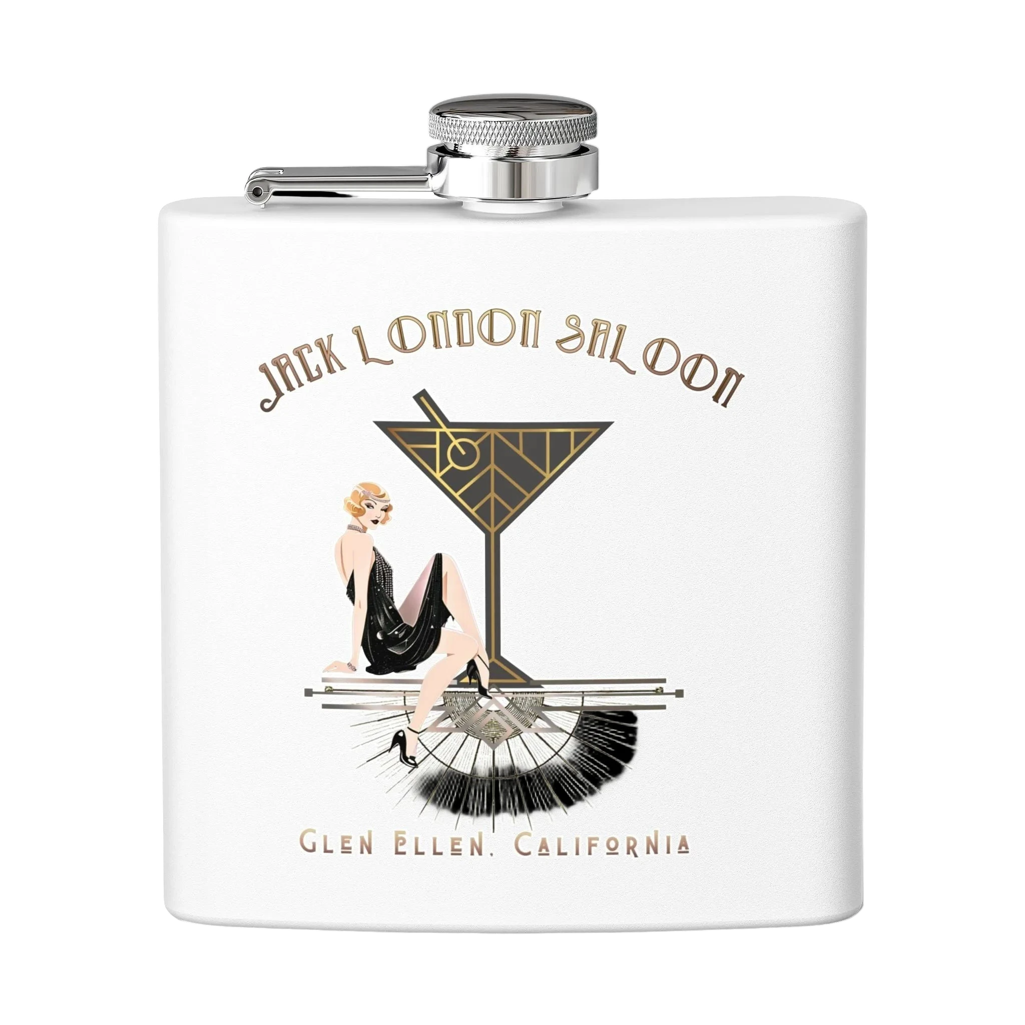 Sonoma Rebel Art Deco Cocktail Club 6oz stainless steel flask with a white powder-coated finish and a vintage illustration. Main image