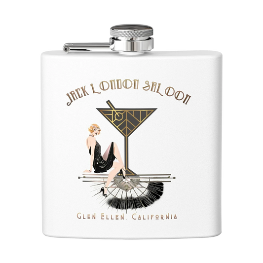 Sonoma Rebel Art Deco Cocktail Club 6oz stainless steel flask with a white powder-coated finish and a vintage illustration.