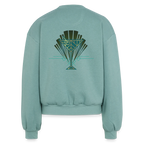 Sonoma Rebel Jack London Saloon Art Deco women's light teal fleece crewneck sweatshirt with balloon sleeves and a martini glass graphic.