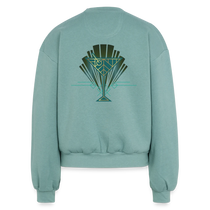 Sonoma Rebel Jack London Saloon Art Deco women's light teal fleece crewneck sweatshirt with balloon sleeves and a martini glass graphic.