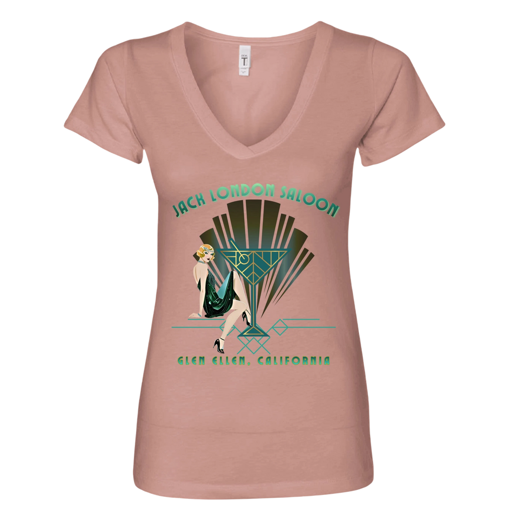 Sonoma Rebel women's dusty rose V-neck t-shirt with an Art Deco graphic featuring a woman and "Jack London Saloon Glen Ellen, California" text.