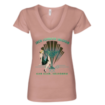 Sonoma Rebel women's dusty rose V-neck t-shirt with an Art Deco graphic featuring a woman and "Jack London Saloon Glen Ellen, California" text.
