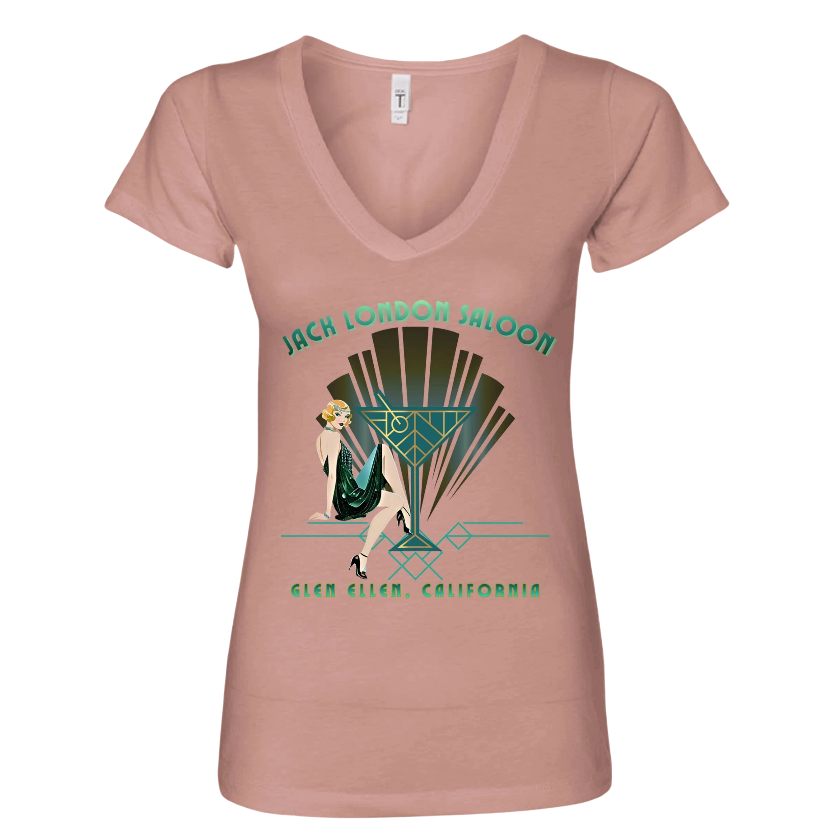 Sonoma Rebel women's dusty rose V-neck t-shirt with an Art Deco graphic featuring a woman and "Jack London Saloon Glen Ellen, California" text.