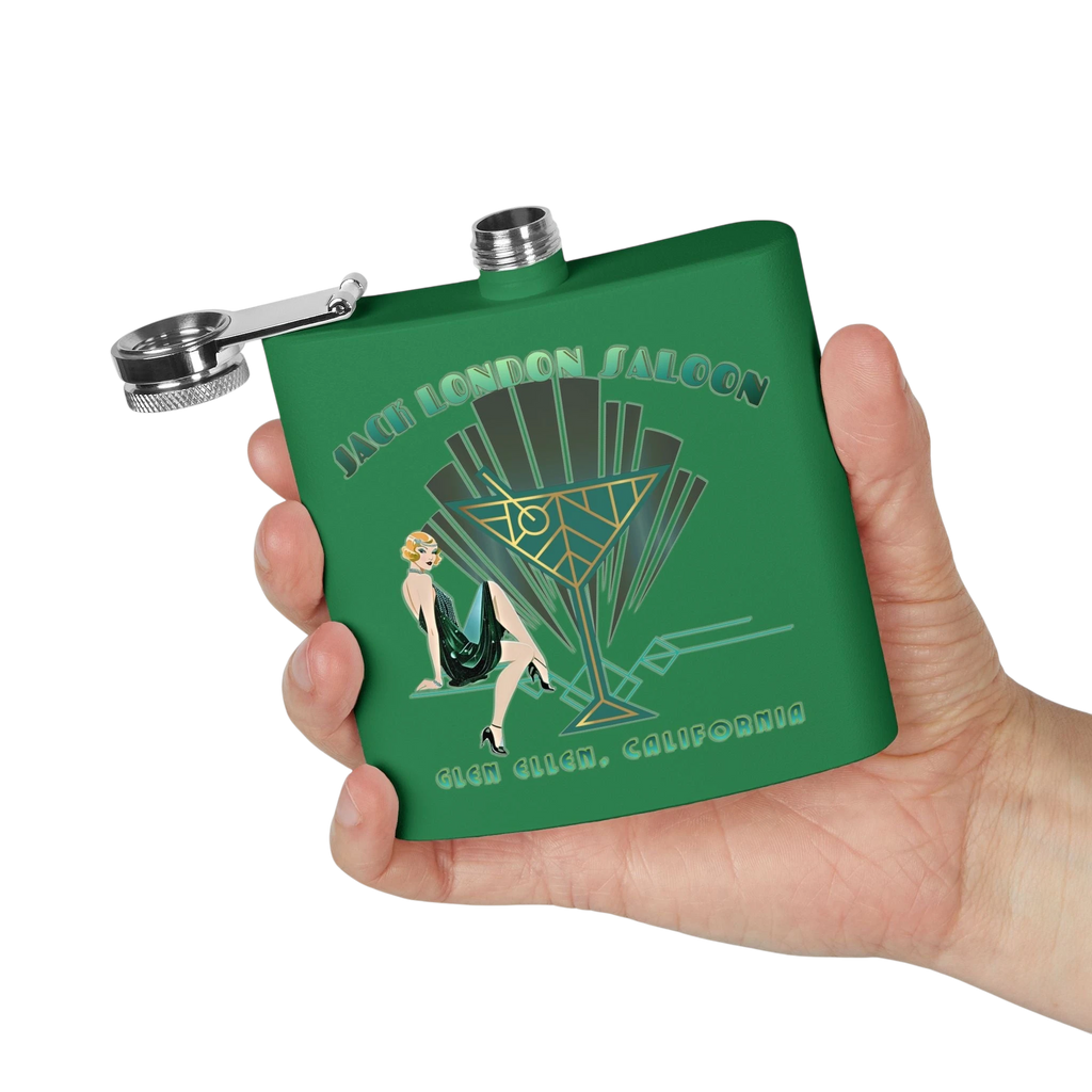 Sonoma Rebel Art Deco Martini Flask, green stainless steel with a 1920s flapper and martini glass graphic.