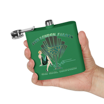 Sonoma Rebel Art Deco Martini Flask, green stainless steel with a 1920s flapper and martini glass graphic.