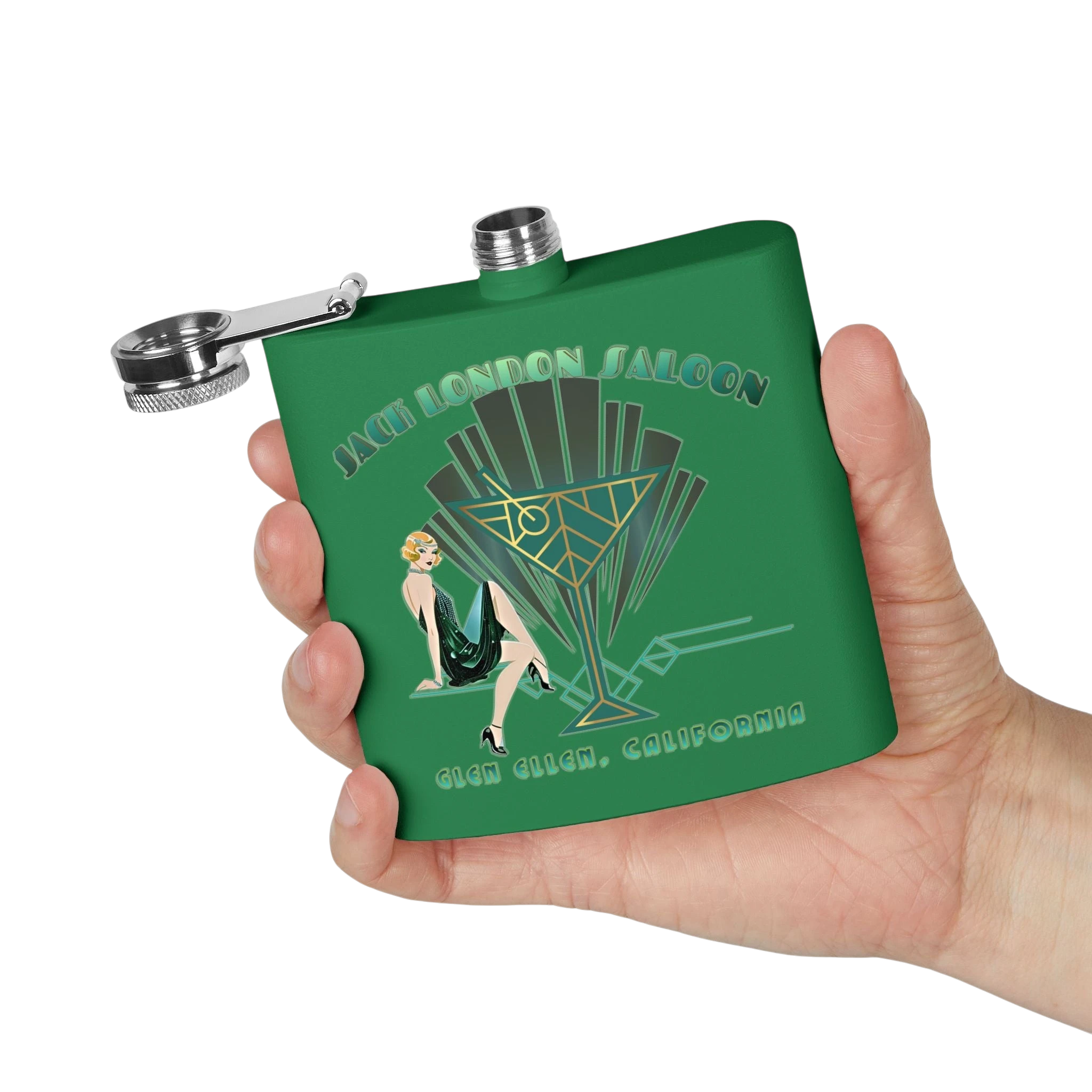 Sonoma Rebel Art Deco Martini Flask, green stainless steel with a 1920s flapper and martini glass graphic.