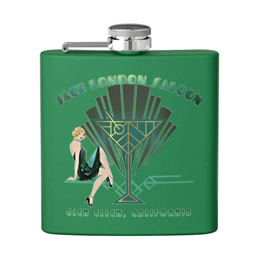 Sonoma Rebel Art Deco Martini Flask, green stainless steel with a 1920s flapper and martini glass graphic. Includes