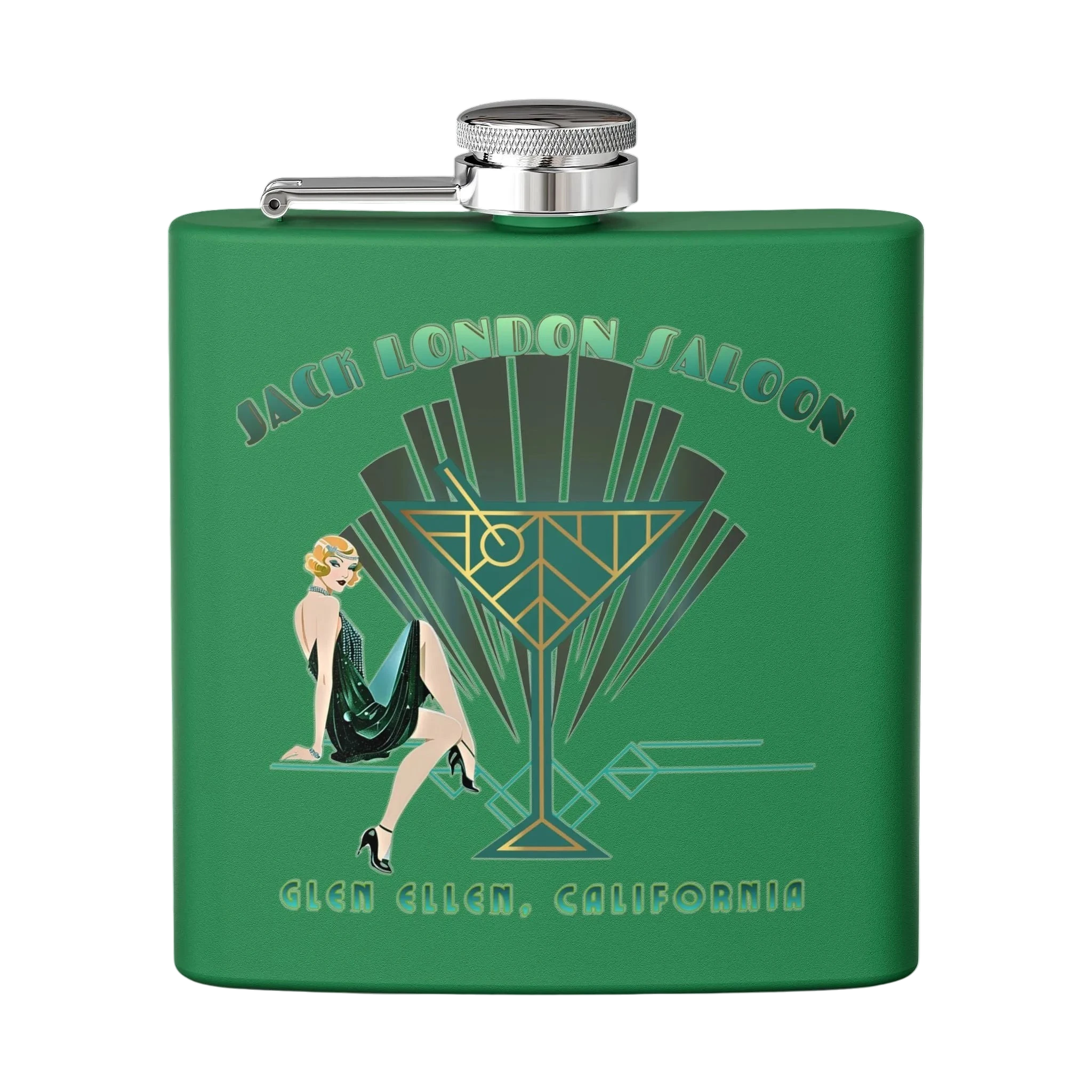 Sonoma Rebel Art Deco Martini Flask, green stainless steel with a 1920s flapper and martini glass graphic. Includes Main image