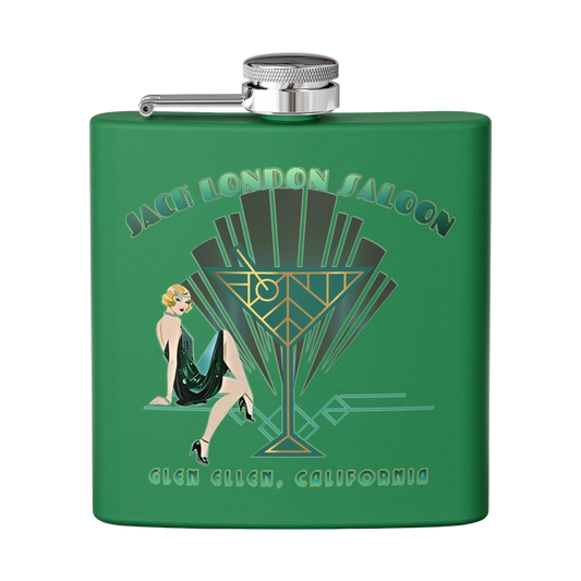 Sonoma Rebel Art Deco Martini Flask, green stainless steel with a 1920s flapper and martini glass graphic. Includes