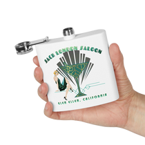 Sonoma Rebel Art Deco Martini Flask with "Jack London Saloon" graphic, featuring a woman in a green dress and a martini glass. Stainless steel.