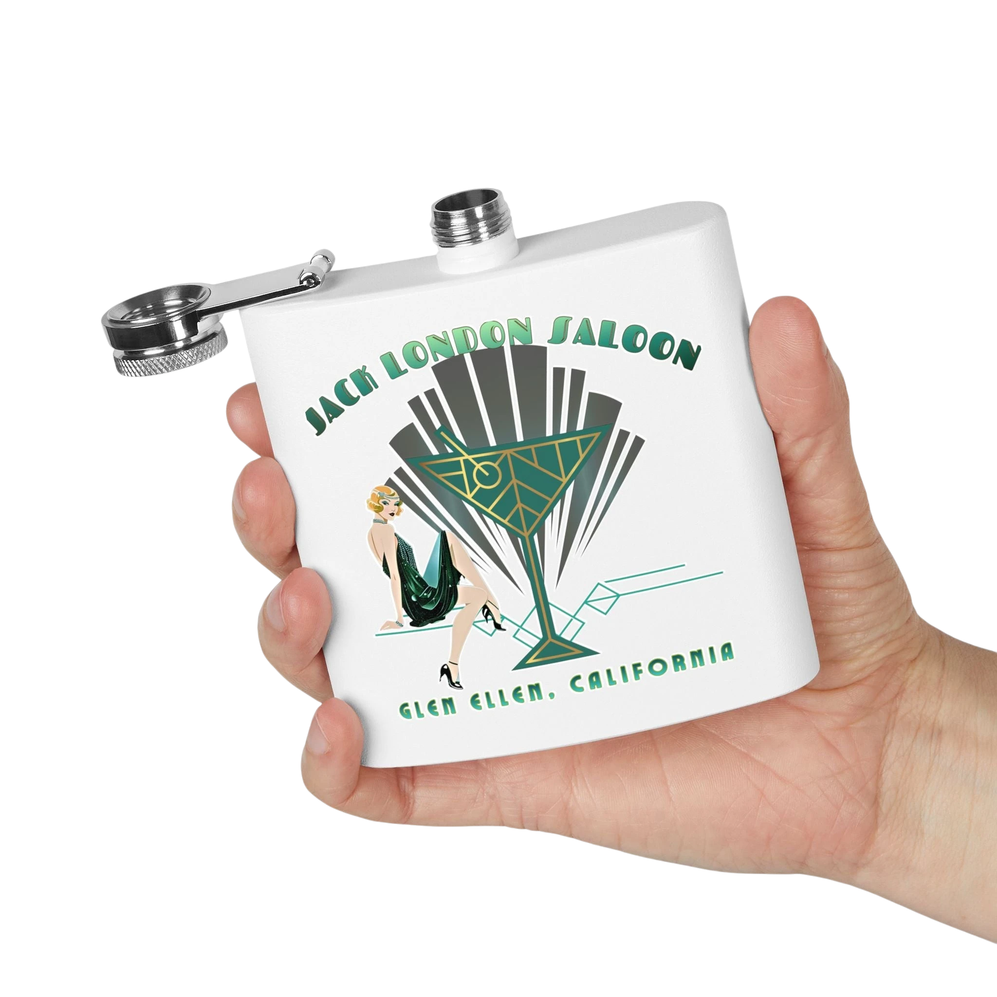 Sonoma Rebel Art Deco Martini Flask with "Jack London Saloon" graphic, featuring a woman in a green dress and a martini glass. Stainless steel.