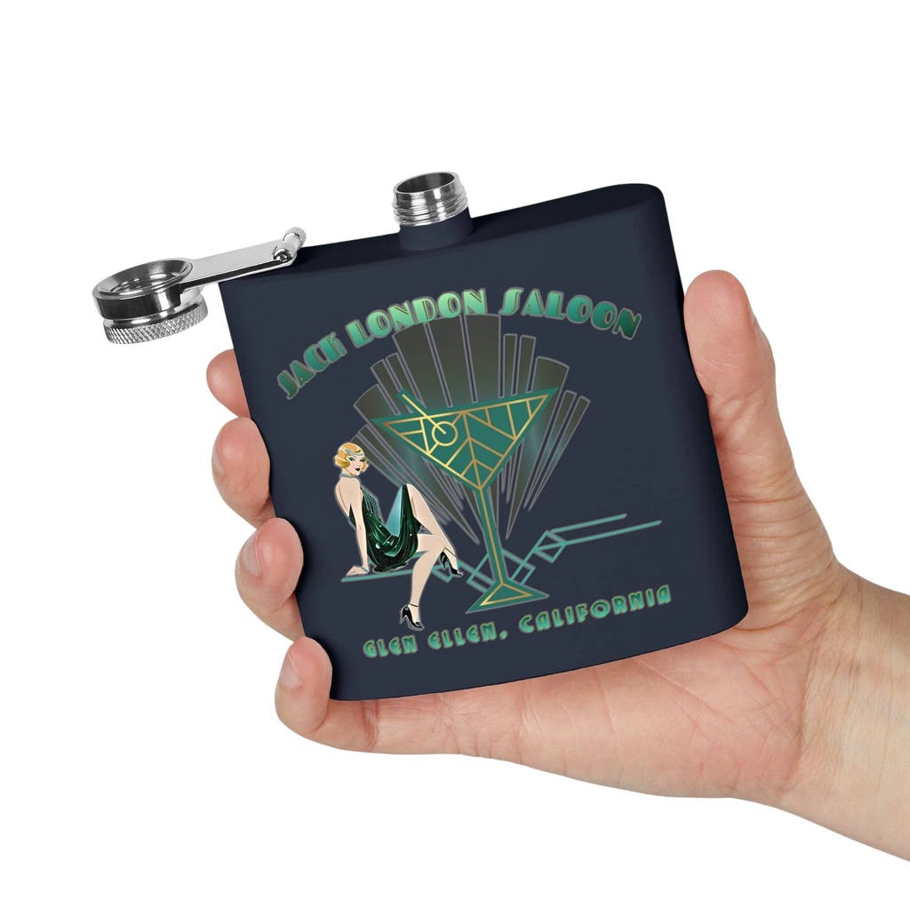 Sonoma Rebel Art Deco Martini Flask with a 1920s flapper and martini glass graphic. Navy blue stainless steel.