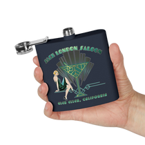 Sonoma Rebel Art Deco Martini Flask with a 1920s flapper and martini glass graphic. Navy blue stainless steel.