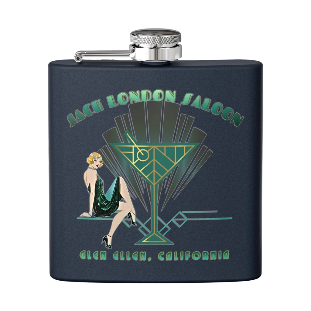 Sonoma Rebel Art Deco Martini Flask with a 1920s woman and cocktail glass graphic. Navy blue stainless steel.
