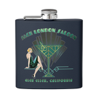 Sonoma Rebel Art Deco Martini Flask with a 1920s woman and cocktail glass graphic. Navy blue stainless steel.