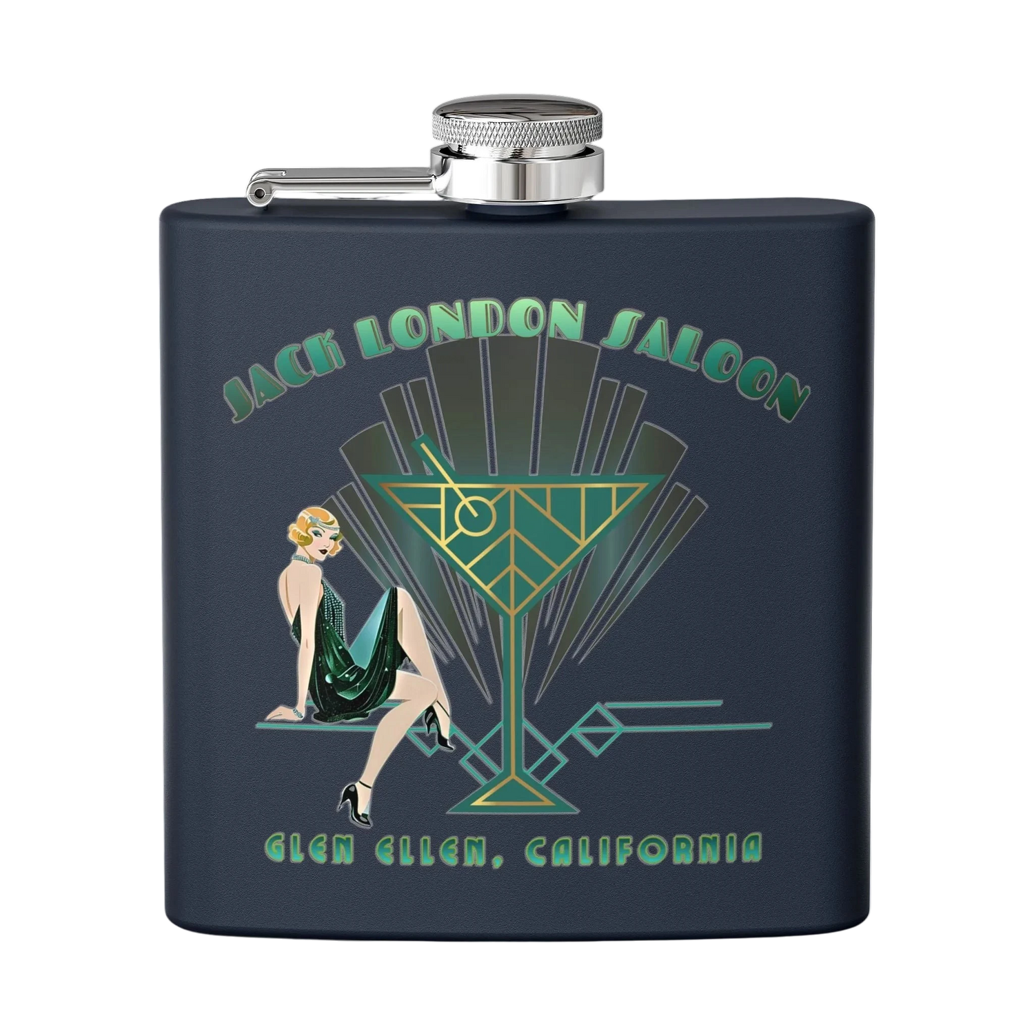 Sonoma Rebel Art Deco Martini Flask with a 1920s woman and cocktail glass graphic. Navy blue stainless steel.