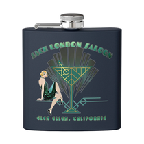 Sonoma Rebel Art Deco Martini Flask with a 1920s woman and cocktail glass graphic. Navy blue stainless steel.
