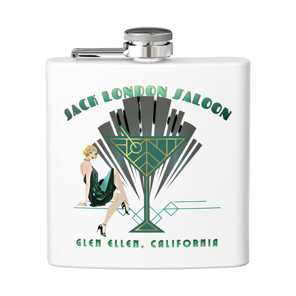 Sonoma Rebel Art Deco Martini Flask with a 1920s woman and cocktail glass graphic. White stainless steel.