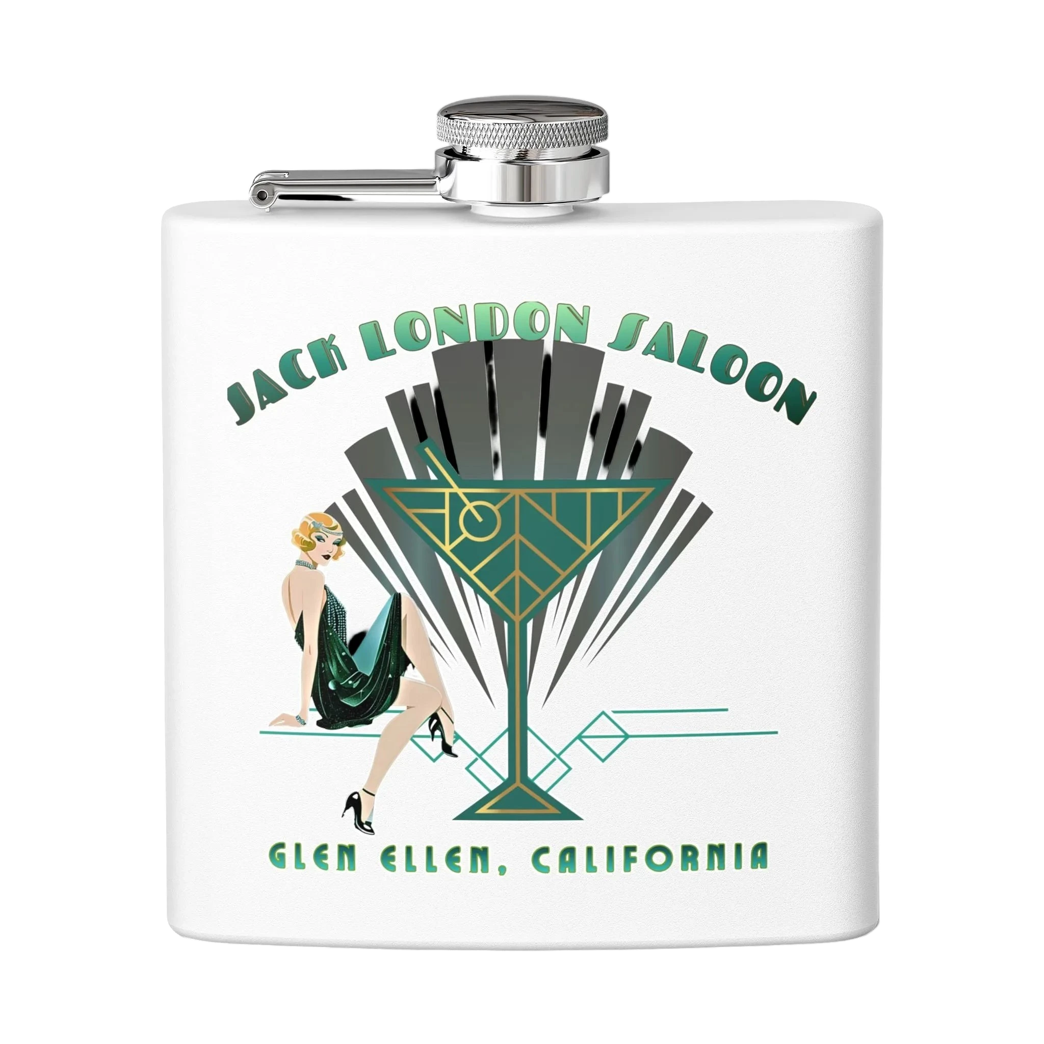 Sonoma Rebel Art Deco Martini Flask with a 1920s woman and cocktail glass graphic. White stainless steel.