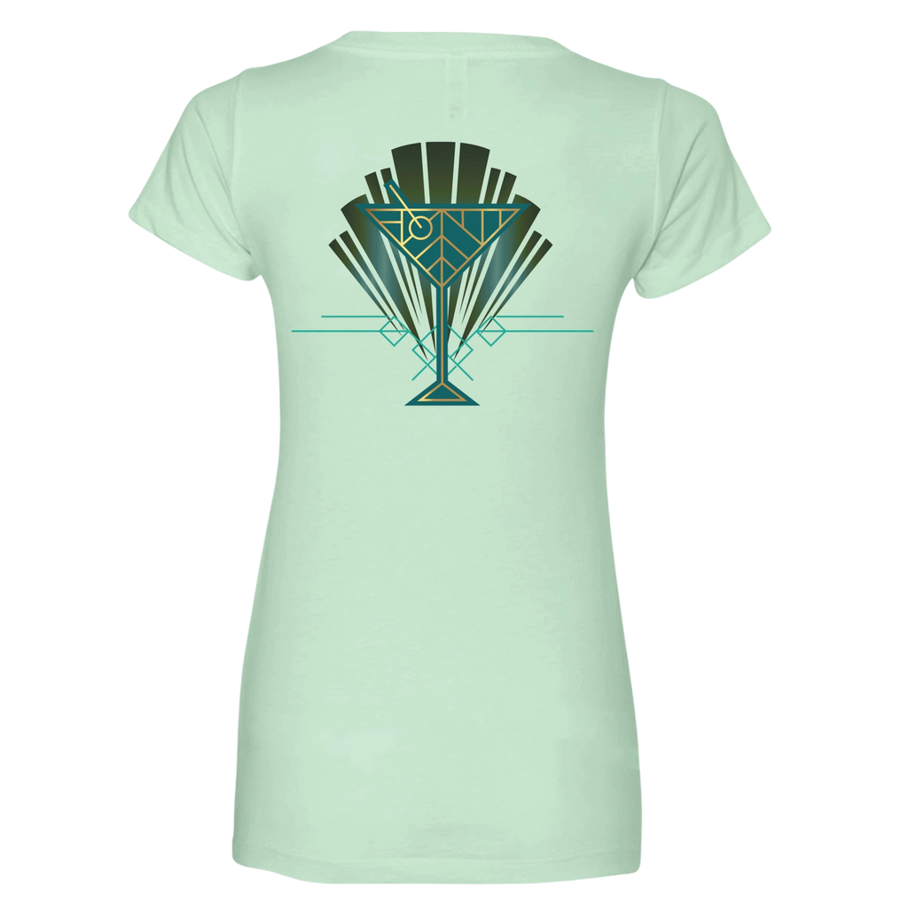 Sonoma Rebel light mint green V-neck t-shirt with an Art Deco martini glass graphic in teal and gold on the back.