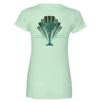 Sonoma Rebel light mint green V-neck t-shirt with an Art Deco martini glass graphic in teal and gold on the back.