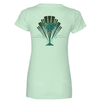 Sonoma Rebel light mint green V-neck t-shirt with an Art Deco martini glass graphic in teal and gold on the back.