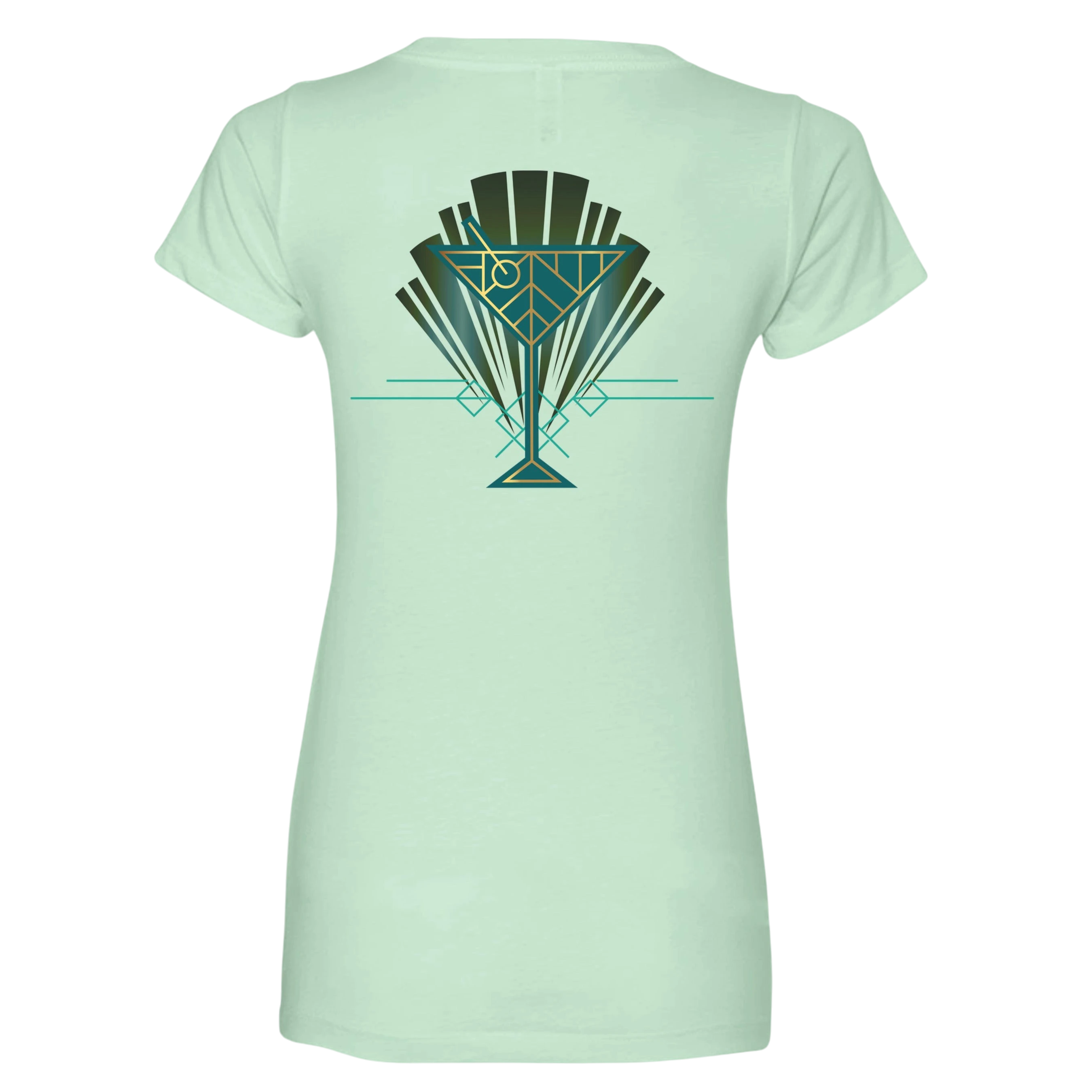 Sonoma Rebel light mint green V-neck t-shirt with an Art Deco martini glass graphic in teal and gold on the back.