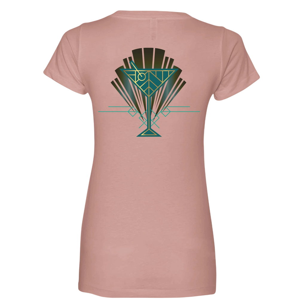 Sonoma Rebel women's dusty rose V-neck t-shirt with an Art Deco martini glass graphic in teal and gold.