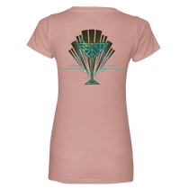 Sonoma Rebel women's dusty rose V-neck t-shirt with an Art Deco martini glass graphic in teal and gold.