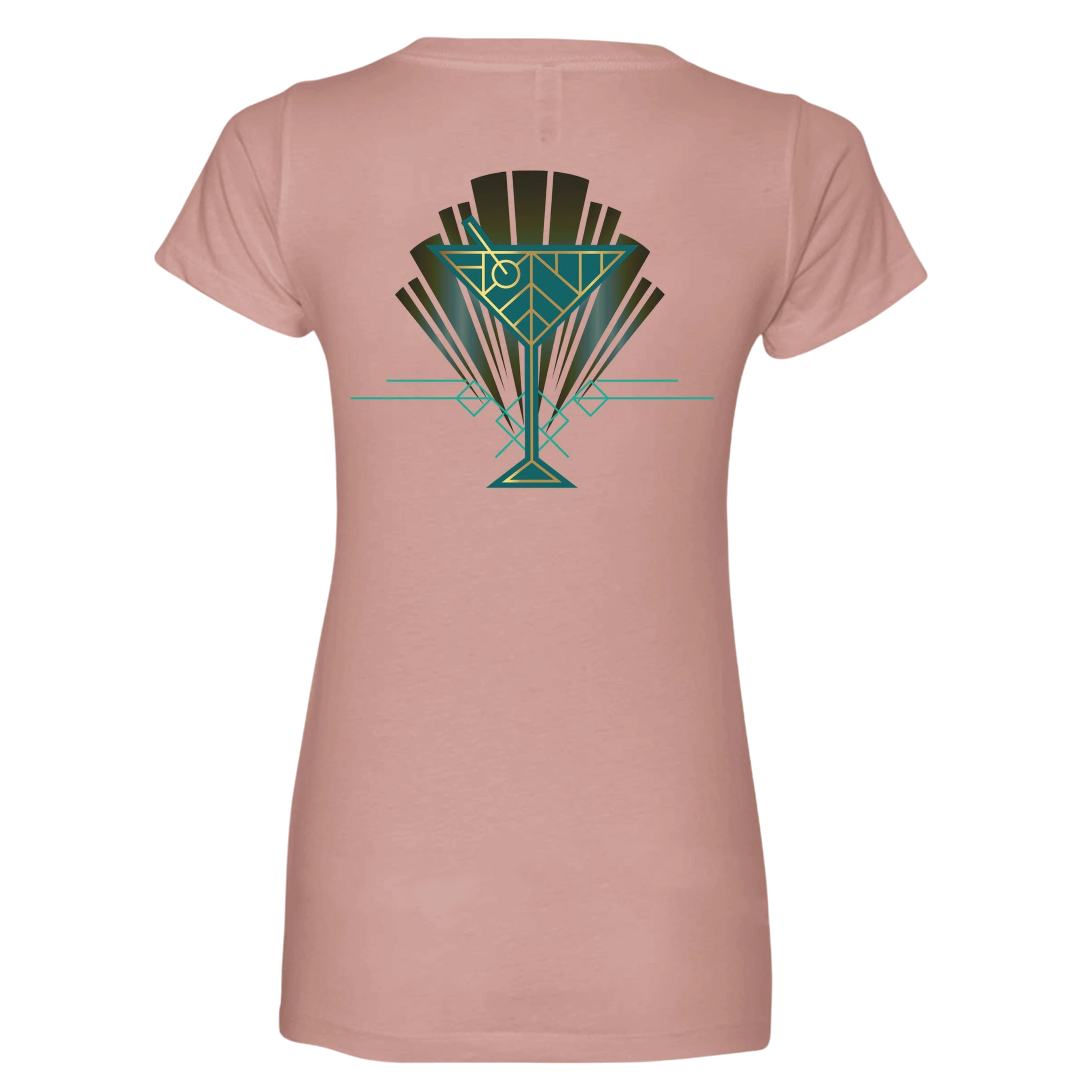 Sonoma Rebel women's dusty rose V-neck t-shirt with an Art Deco martini glass graphic in teal and gold.