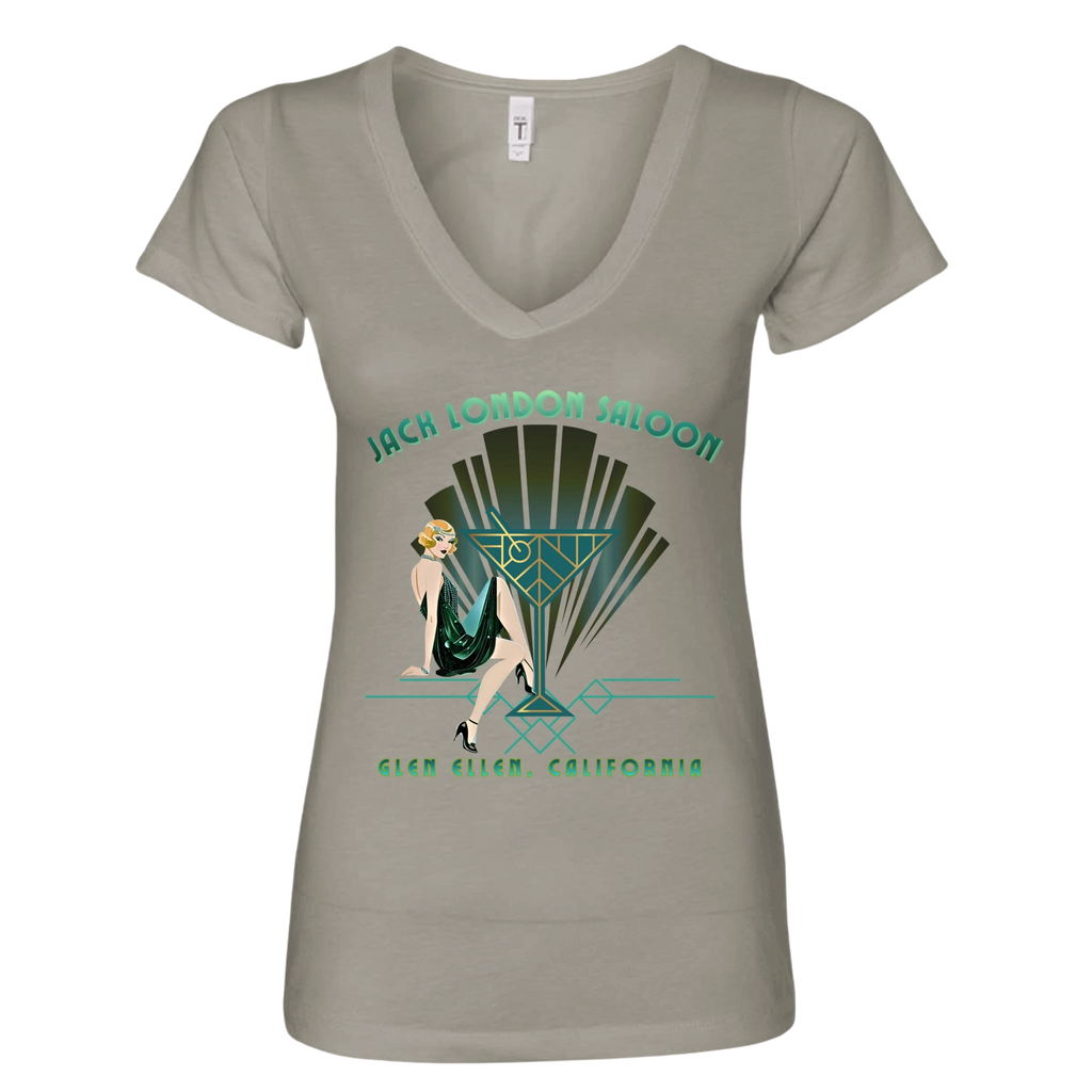 Sonoma Rebel taupe V-neck t-shirt with an Art Deco graphic featuring a woman in a flapper dress and the text "Jack London Saloon Glen Ellen, California".