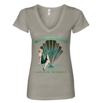 Sonoma Rebel taupe V-neck t-shirt with an Art Deco graphic featuring a woman in a flapper dress and the text "Jack London Saloon Glen Ellen, California".