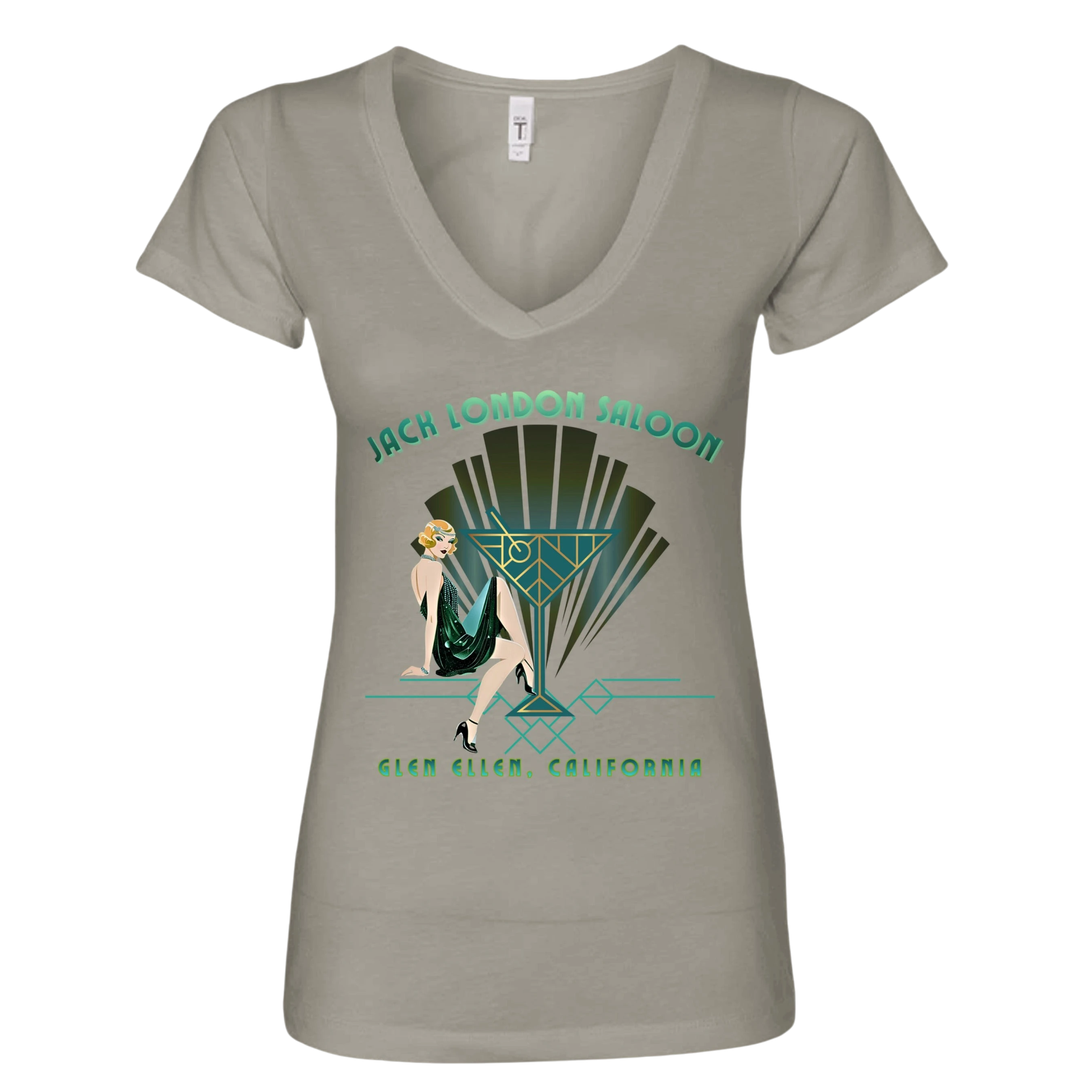 Sonoma Rebel taupe V-neck t-shirt with an Art Deco graphic featuring a woman in a flapper dress and the text "Jack London Saloon Glen Ellen, California".