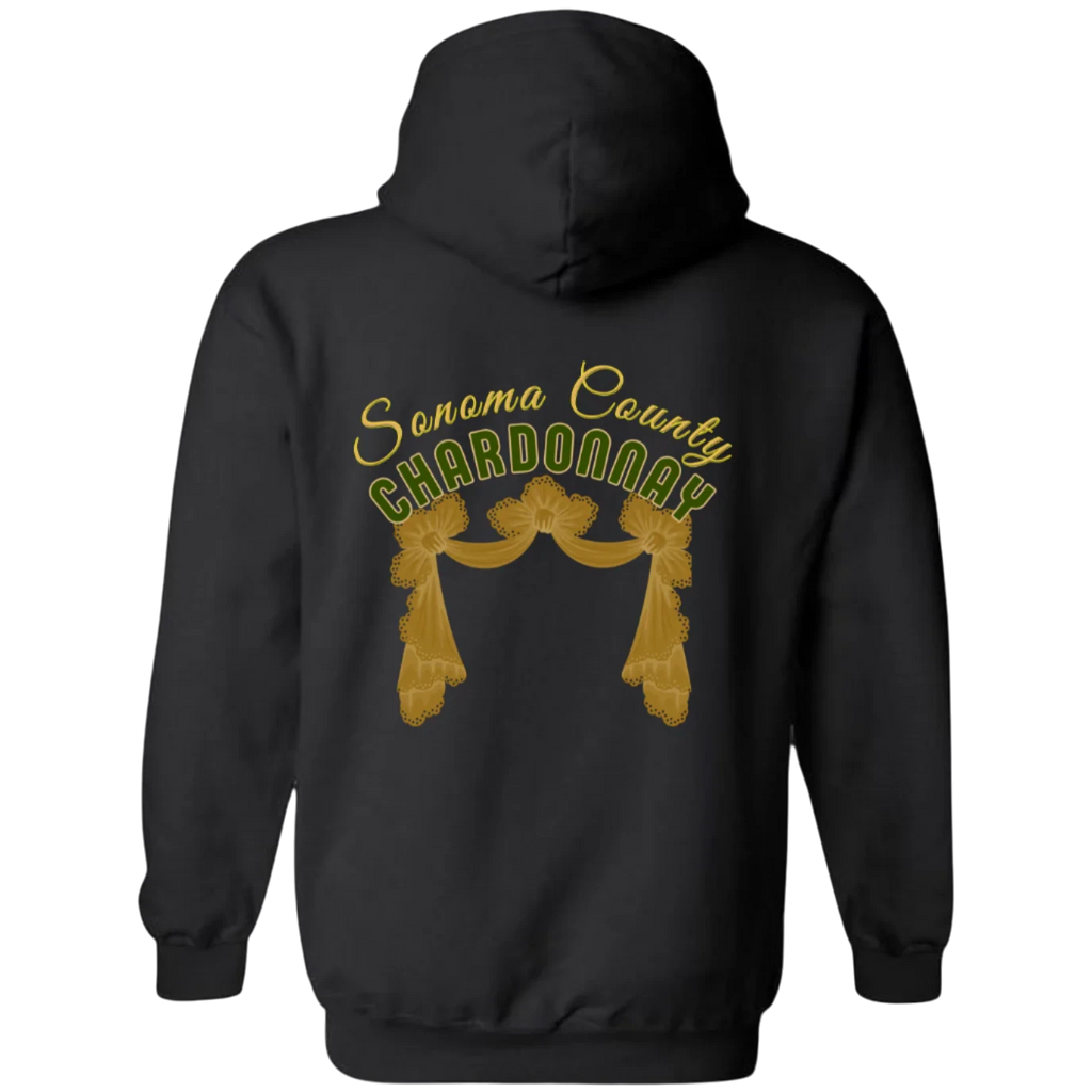 Sonoma Rebel black cotton-polyester blend hoodie with "Sonoma County Chardonnay" graphic and gold drapery detail on back.