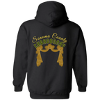 Sonoma Rebel black cotton-polyester blend hoodie with "Sonoma County Chardonnay" graphic and gold drapery detail on back.