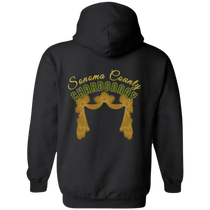 Sonoma Rebel black cotton-polyester blend hoodie with "Sonoma County Chardonnay" graphic and gold drapery detail on back.