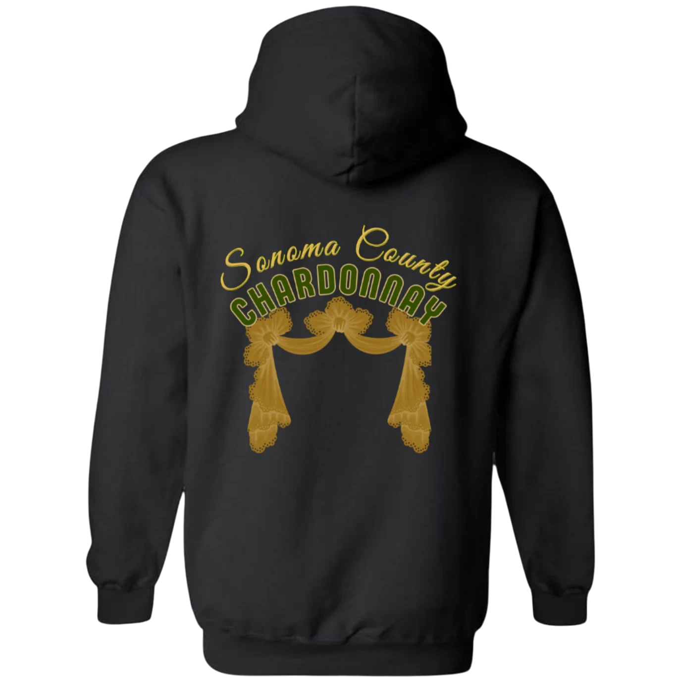Sonoma Rebel black cotton-polyester blend hoodie with "Sonoma County Chardonnay" graphic and gold drapery detail on back.