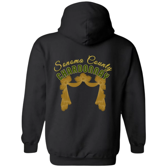 Sonoma Rebel black cotton-polyester blend hoodie with "Sonoma County Chardonnay" graphic and gold drapery detail on back.