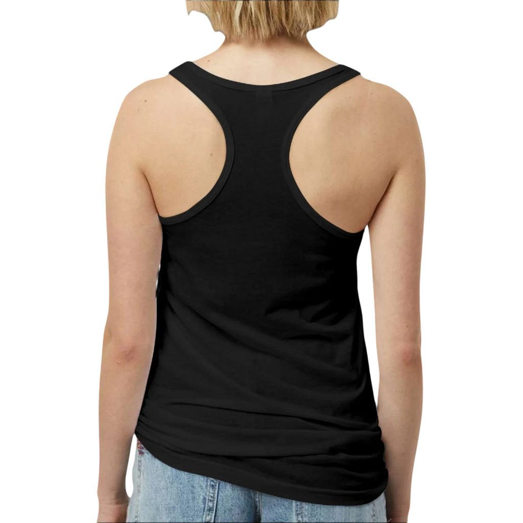 Sonoma Rebel black racerback tank top with "BIG COCKTAIL ENERGY" graphic on front, made from polyester and cotton blend.