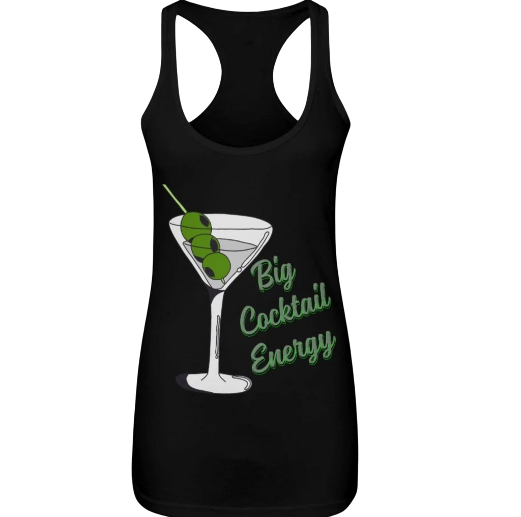 Sonoma Rebel black racerback tank top with a graphic of a martini glass filled with three olives and the text "Big Cocktail Energy" in green.