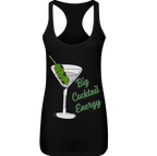Sonoma Rebel black racerback tank top with a graphic of a martini glass filled with three olives and the text "Big Cocktail Energy" in green.
