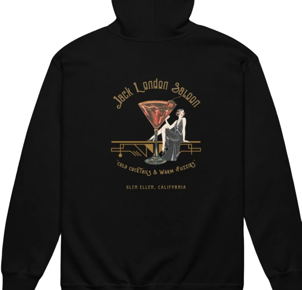 Sonoma Rebel black cotton blend full zip hoodie with Jack London Saloon graphic featuring a martini glass and a flapper.