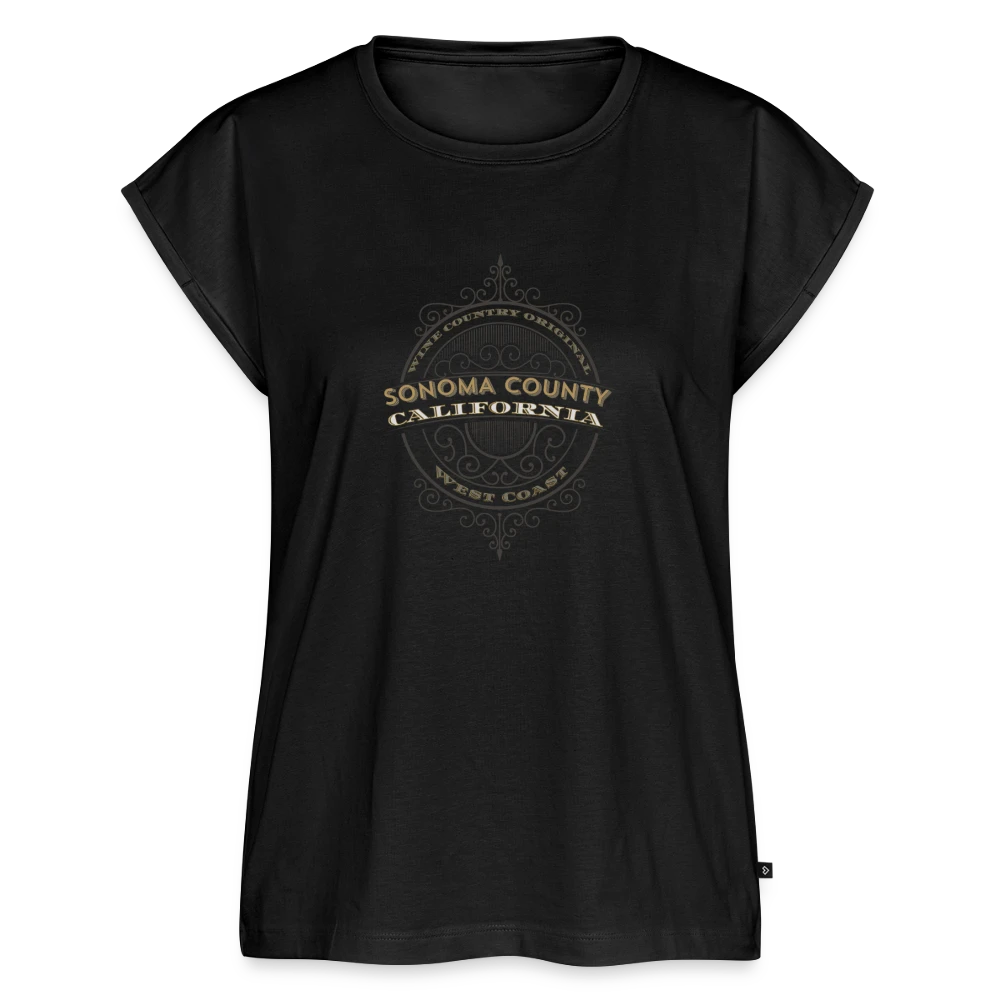 Sonoma Rebel black cotton blend t-shirt with rolled sleeves, scoop neck, and hi-lo hem featuring a distressed "Sonoma County California West Coast" graphic.