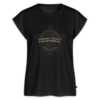 Sonoma Rebel black cotton blend t-shirt with rolled sleeves, scoop neck, and hi-lo hem featuring a distressed "Sonoma County California West Coast" graphic.