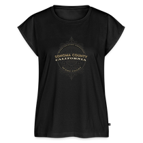 Sonoma Rebel black cotton blend t-shirt with rolled sleeves, scoop neck, and hi-lo hem featuring a distressed "Sonoma County California West Coast" graphic.