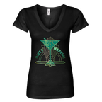 Sonoma Rebel black v-neck t-shirt with a green and gold art deco dirty martini graphic.