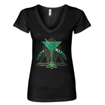 Sonoma Rebel black v-neck t-shirt with a green and gold art deco dirty martini graphic.